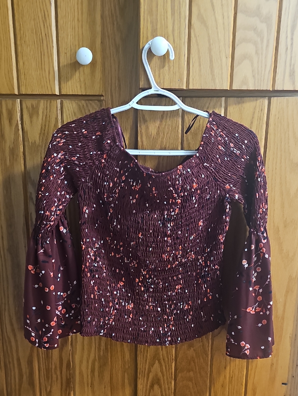 Express Burgundy Floral Smocked Bell Sleeve Top